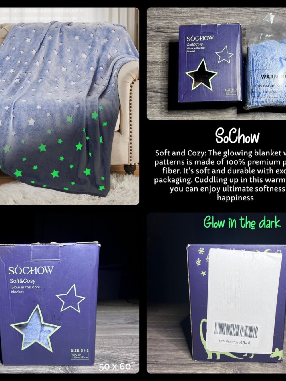 Sochow NIB Blue Blanket with Glow in The Dark Stars Throw Blanket 50x60" 127x150